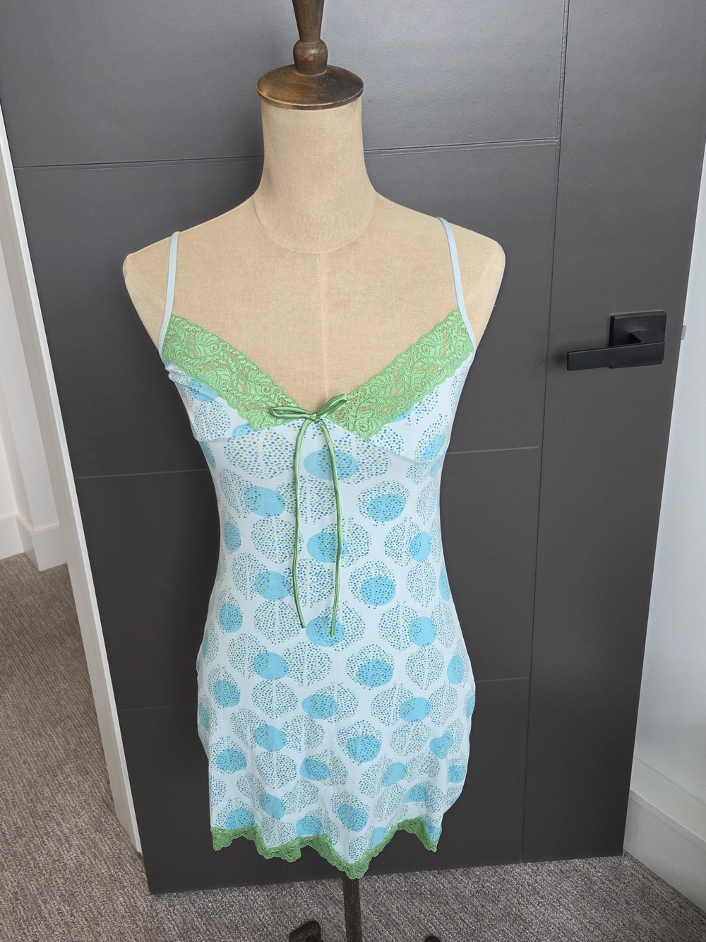 La Senza Blue & Green Polka Dot Lace Trim Chemise Nightgown Women’s XS Y2K Sleep
